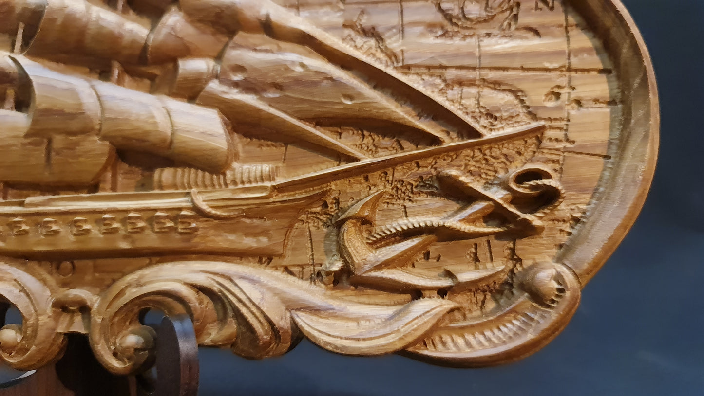 3D relief tavla, skulptur i trä Old ship