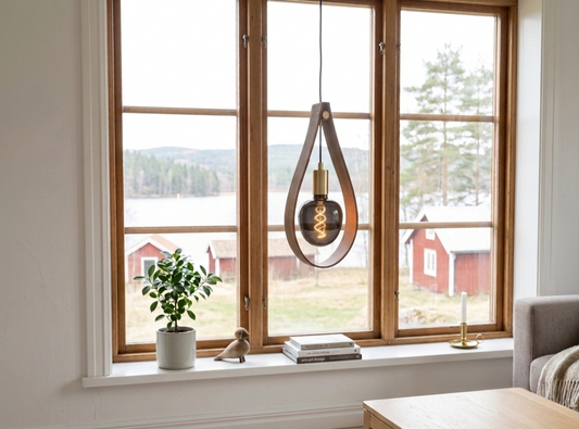 Handgjord fönsterlampa i massiv valnöt modell Droppen från Alberi, unik svensk belysning i hamna miljö