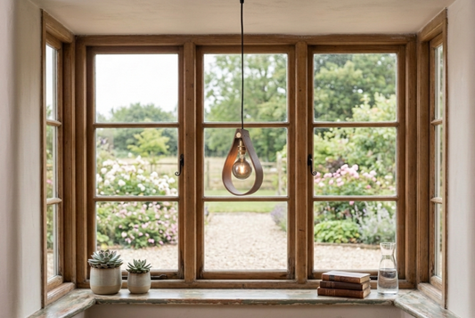 Handgjord fönsterlampa Droppen i massiv valnöt från Alberi i hemma miljö som ger ett varmt och inbjudande ljus.