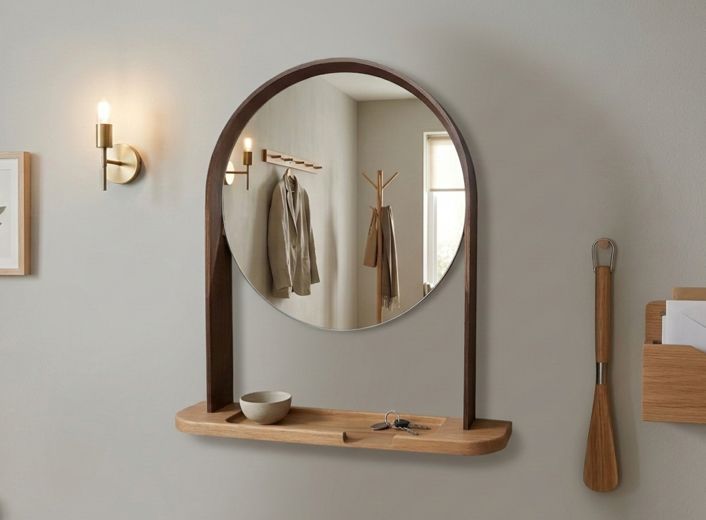 Handgjord rund spegel i massiv ek med integrerad hylla från Alberi, skandinavisk design