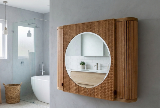 Handgjort badrumsskåp i massiv ek med rund spegel och unika jalusi dörrar från Alberi i ett badrum 