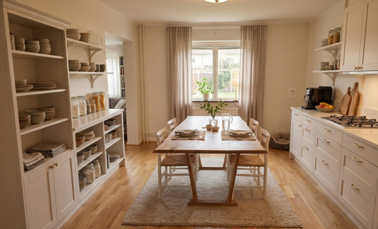 Handgjort matsalsbord, köksbord i massivt ek med live edge vackra detaljer i ek från Alberi i hemma miljö