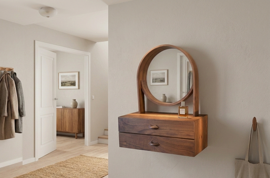 HallsHandgjord sminkspegel och hallkonsol "Saras" i massiv valnöt med en rund spegel från Alberi i hemma miljö