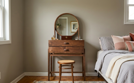 Handgjort sminkbord och hallkonsol i massiv valnöt med rund spegel och öppna lådor från Alberi i hemma miljö