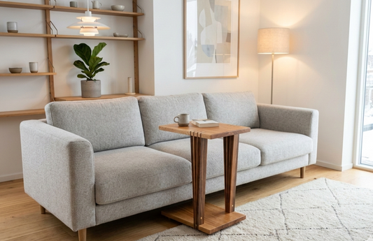 Handgjort sidobord och nattduksbord i massiv ek med vackra detaljer i valnöt från Alberi i hemma niljö