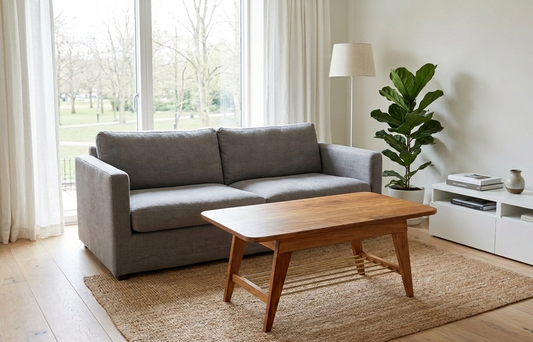 Handgjort soffbord i massiv teak med eleganta mässingsdetaljer från Alberi, tidlös skandinavisk design i hemma miljö