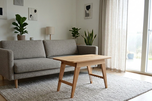 Handgjort soffbord i massiv ek med elegant skandinavisk design och dold förvaring från Alberi i hemma miljö