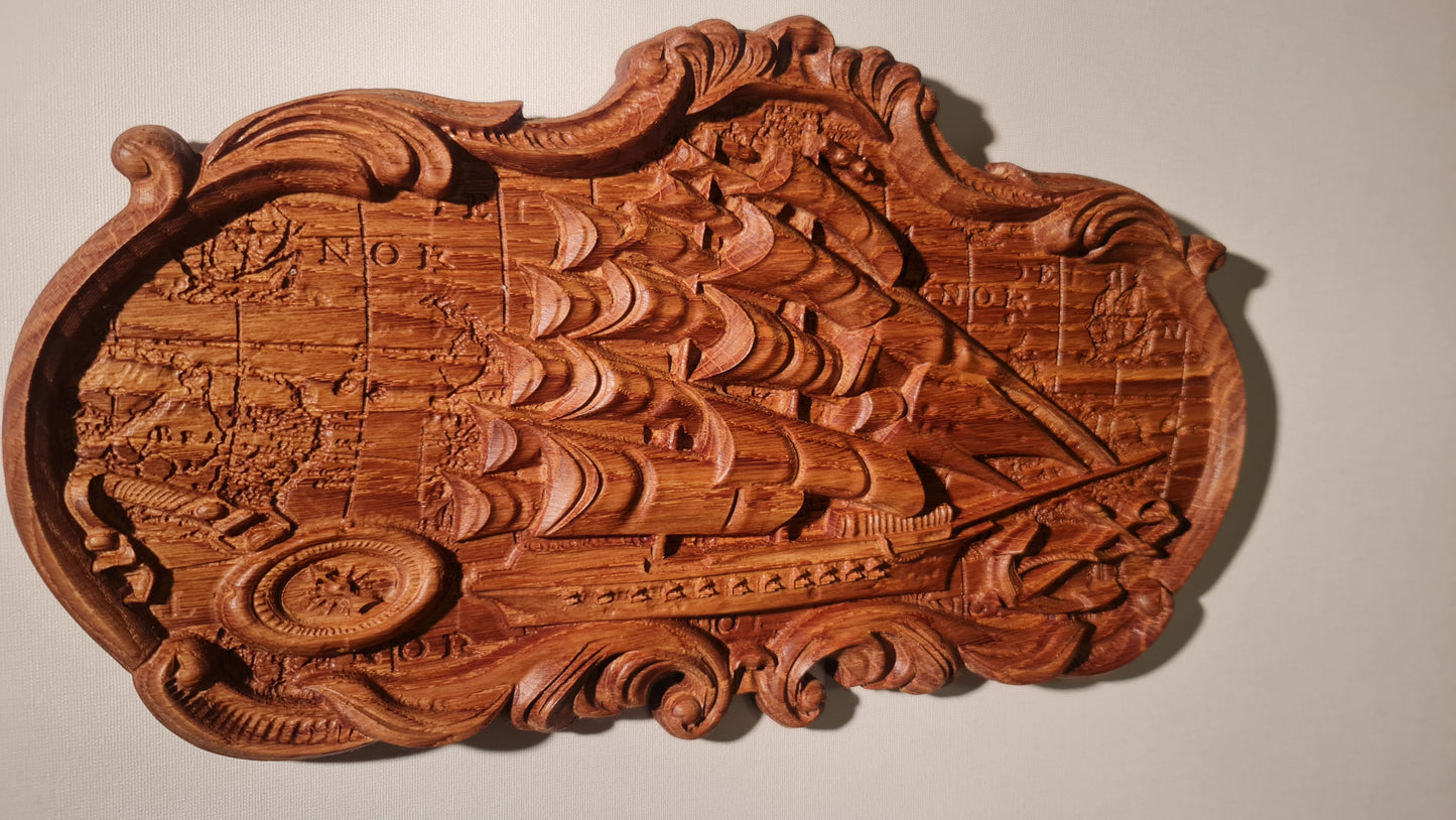3D relief tavla, skulptur i trä Old ship
