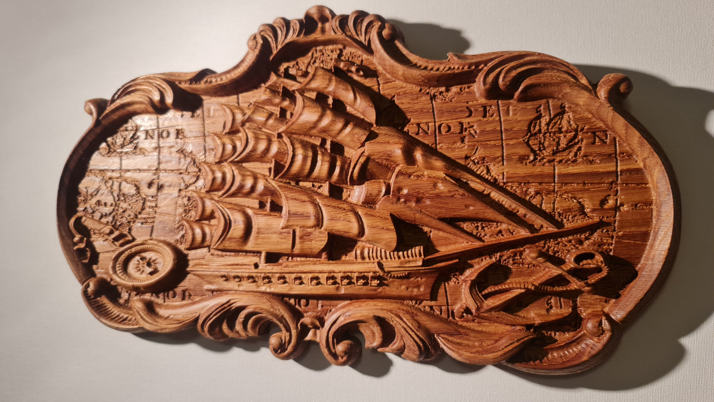3D relief tavla, skulptur i trä Old ship