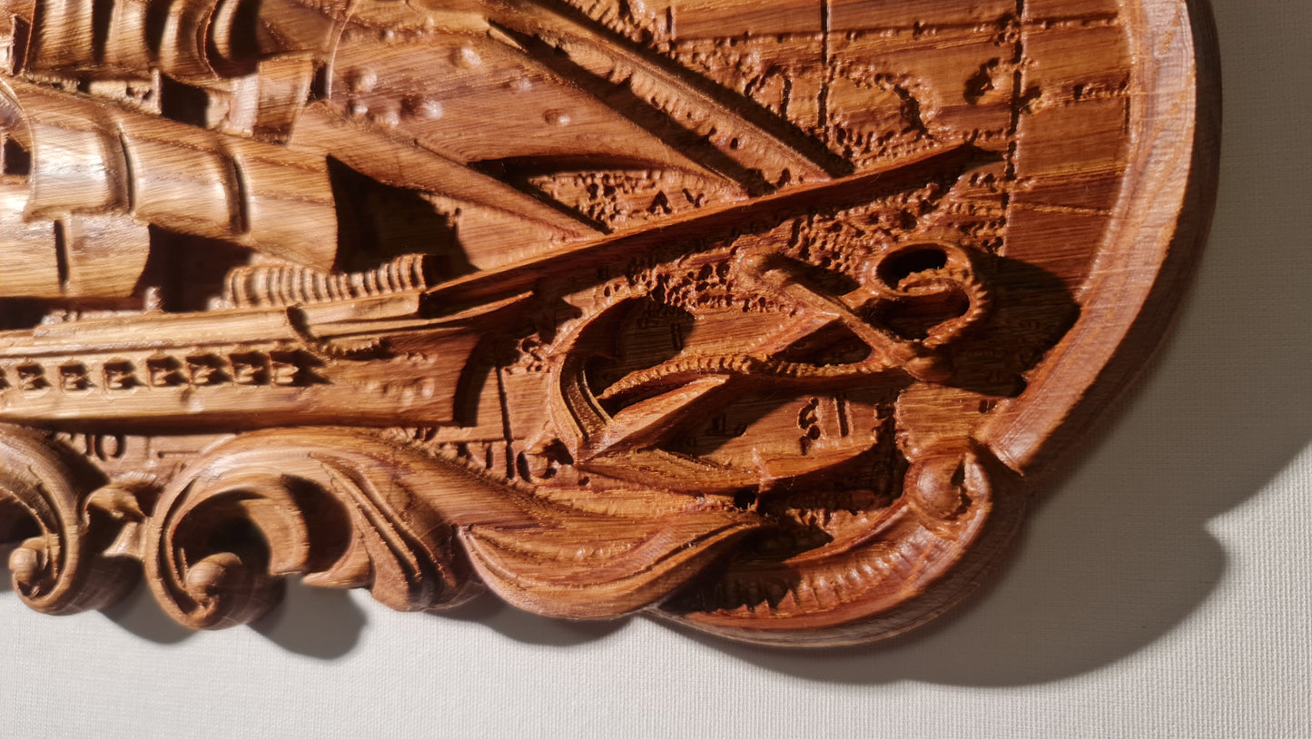 3D relief tavla, skulptur i trä Old ship