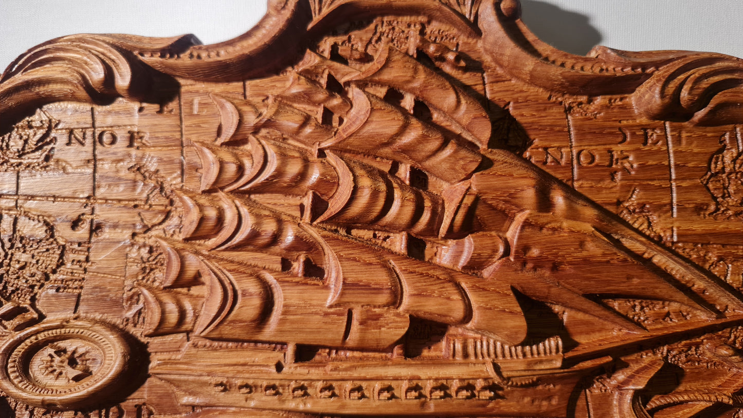 3D relief tavla, skulptur i trä Old ship
