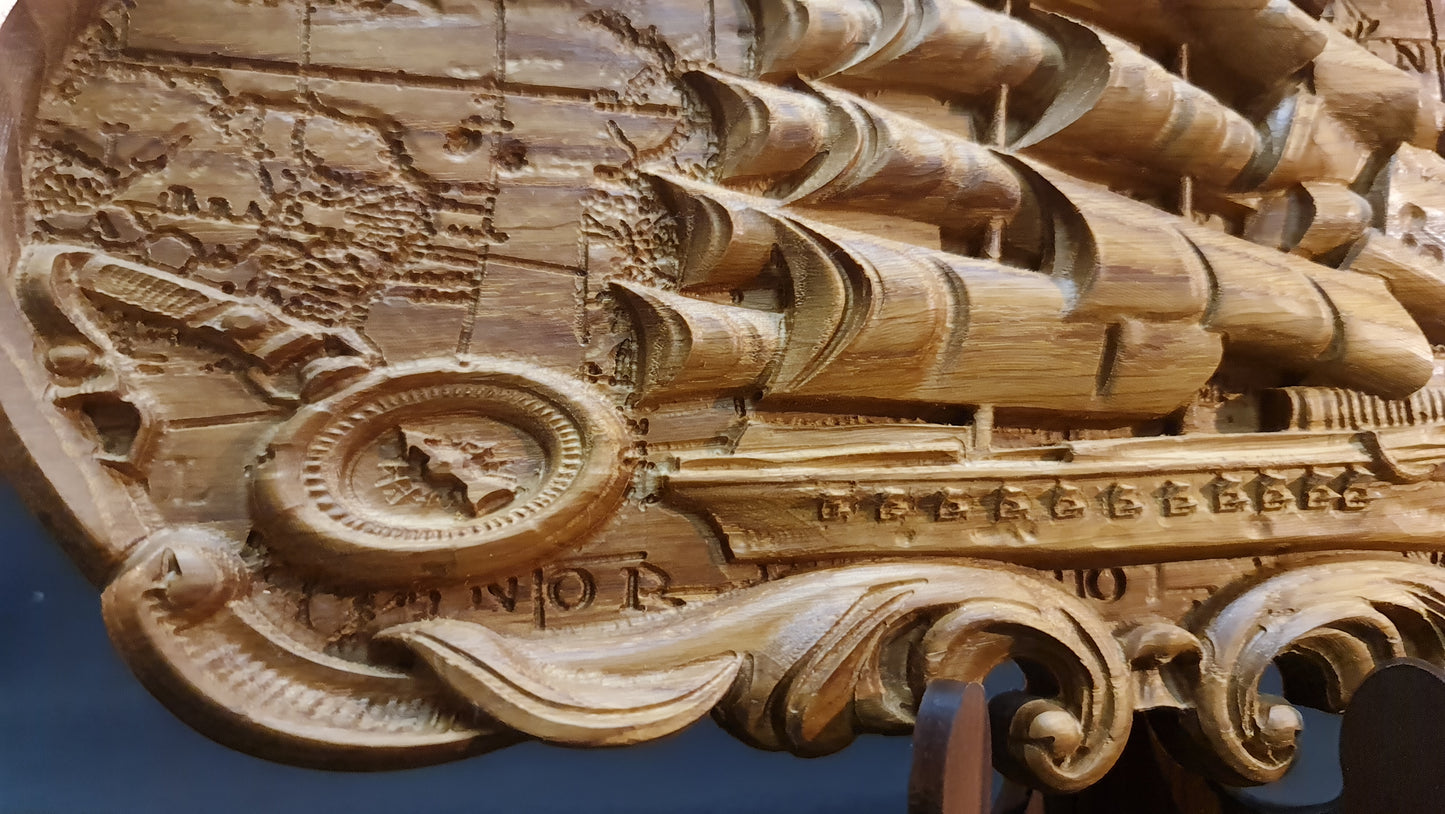3D relief tavla, skulptur i trä Old ship