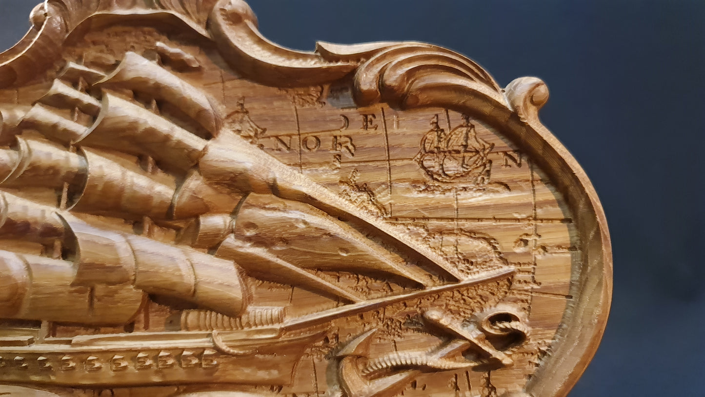 3D relief tavla, skulptur i trä Old ship